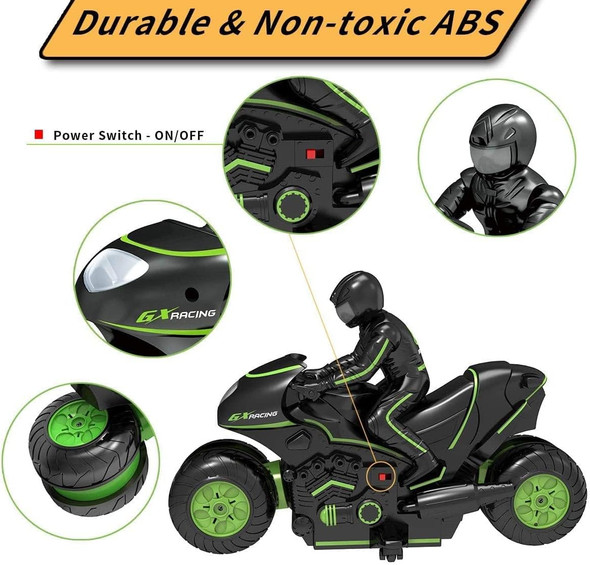 Rc Motorcycle Remote Control Motorcycle 360° Spinning Wheels Stunt Motorbike - Rotating Drift 2Wd High Speed Car Toys With Riding Figure - For Kids Boys Girls(Green)