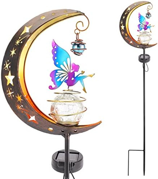 Solar Fairy Garden Light Decor Moon Fairy Stake Lights Crackle Glass Globe With Color Angel Decor Outdoor Led Pathway Lights Waterproof For Walkway Yard Lawn Patio Or Courtyard