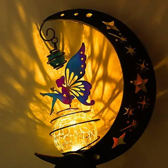 Solar Fairy Garden Light Decor Moon Fairy Stake Lights Crackle Glass Globe With Color Angel Decor Outdoor Led Pathway Lights Waterproof For Walkway Yard Lawn Patio Or Courtyard