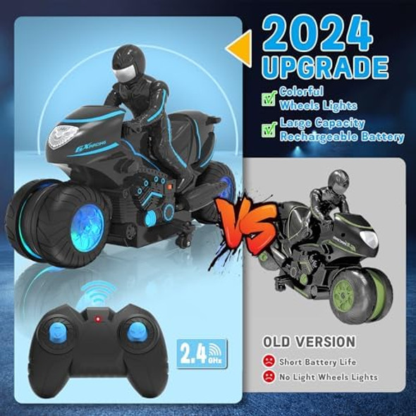 Rc Motorcycle Remote Control Motorcycle With Rgb Wheels Lights - 360-Degree Rotations Drifts High-Speed Rc Car Dirt Bike Toy For Boys 4-7 8-12 Years Kids