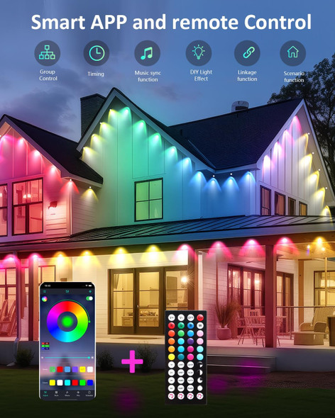 Ivrich 300Ft Permanent Outdoor Lights Smart Rgb Eave Light With App/Remote Control Ip67 Waterproof Diy Scene Modes Music Sync Timer Function For Christmas Party Holiday Decor(2 Rolls Of 150Ft)