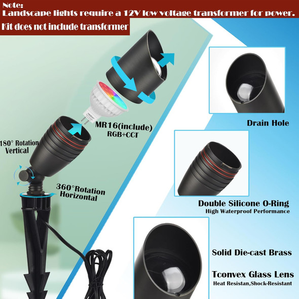 Rgb Low Voltage Landscape Lighting Color Changing Brass Landscape Lights With 4 Mr16 Light Bulbs 12V Outdoor Spot Lights For Yard Garden Pathway Lawn Decorative Etl Listed