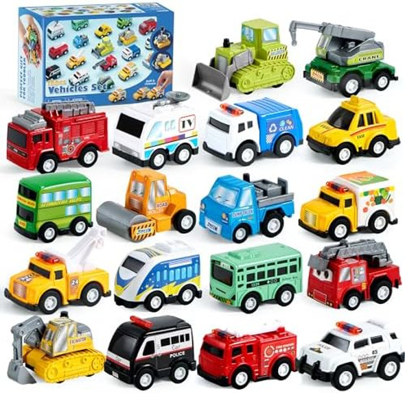 Joyin 18 Pcs Pull Back City Cars And Trucks Toy Vehicles Set Friction Powered Cars Toys For Toddlers Boys Girls’ Educational Play Kids Stocking Stuffers Treasure Box s For Classroom