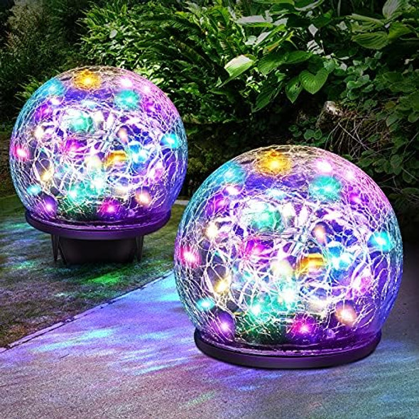 Solar Garden Lights - 2 Pack Of Multicolor Cracked Glass Solar Globe Lights And 2 Pack Of Solar Lanterns Outdoor Solar Lights Outdoor Decorative Yard Patio Pathway Decoration