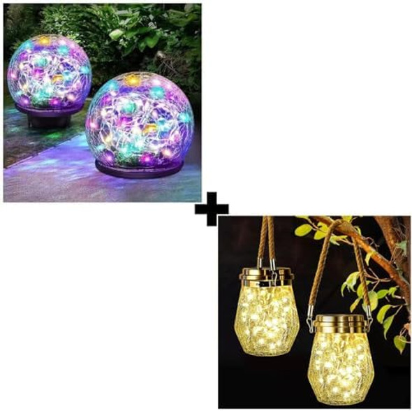 Solar Garden Lights - 2 Pack Of Multicolor Cracked Glass Solar Globe Lights And 2 Pack Of Solar Lanterns Outdoor Solar Lights Outdoor Decorative Yard Patio Pathway Decoration