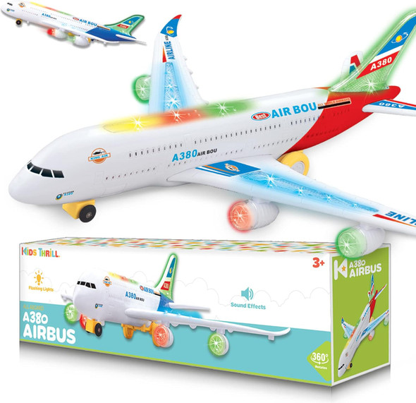 Kidsthrill Kids Airplane Toy With Bump & Go Technology Flashing Lights Music & Sounds - Toys For Boys & Girls 3-12