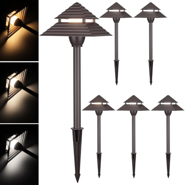 Leonlite 3Cct Low Voltage Pathway Lights Led Landscape Path Lights 3000K/4000K/5000K 2-Tier Pagoda Head 12-15V Ac/12-24V Dc Ip65 Outdoor Walkway Light Bronze Aluminum Housing Pack Of 6