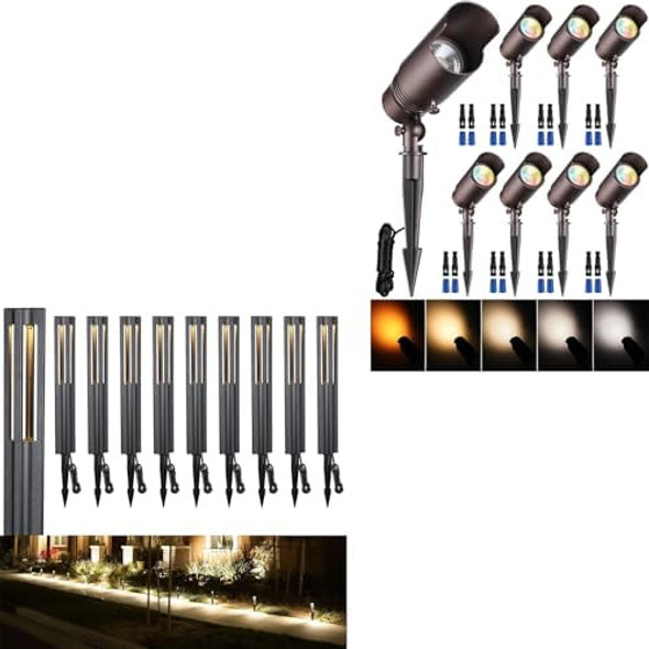 Leonlite Low Voltage Landscape Pathway Lights Bundle Landscape Spotlight 10-Pack 3W Led Bollard Path Lights 3000K Black & 8-Pack 7W Spotlights Outdoor For Garden 5CctOil Rubbed Bronze