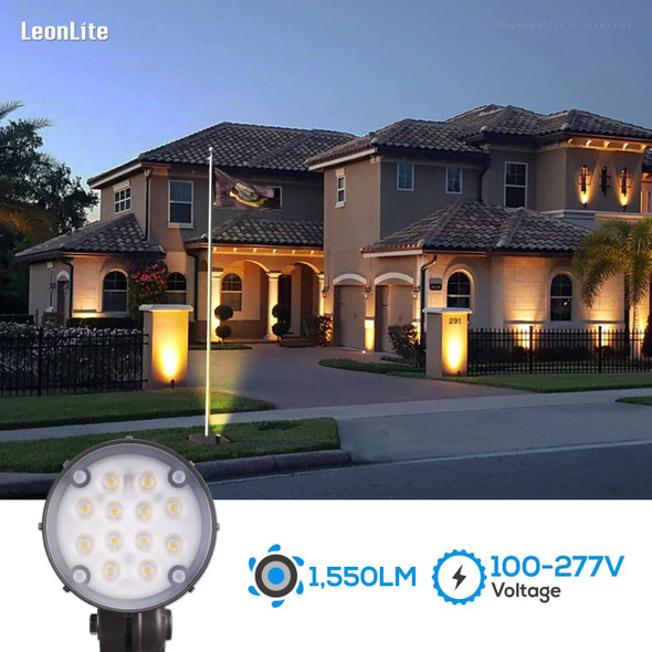 Leonlite 12W Led Bullet Flood Light With Knuckle Mount 80W Eqv. 1550Lm 100-277V Commercial Outdoor Weatherproof Landscape Light Flag Pole Light Ul-Listed 3000K Warm White Bronze