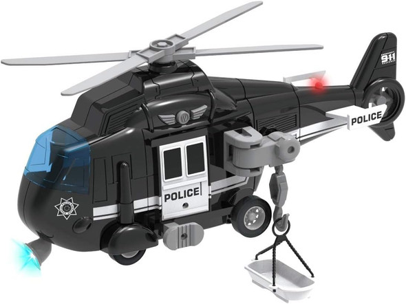 Liberty Imports Police Rescue Helicopter Friction Powered Toy Vehicle For Boys Push And Go Chopper With Pretend Play Action Lights And Sounds