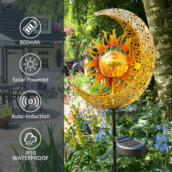 Licklip Moon & Fairy Garden Solar Stake Light Outdoor Crackle Glass Globe With Metal Angle Stake Waterproof Warm White Led Decoration For Pathway Lawn Patio Courtyard Backyard (1 Pack)