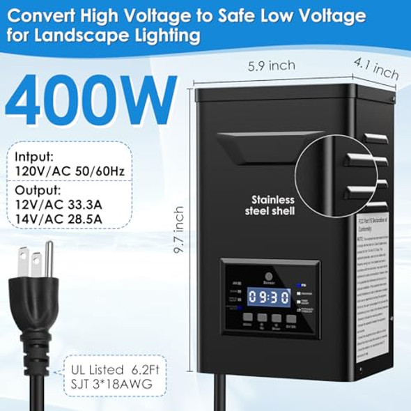 400W Low Voltage Landscape Transformer With Timer & Photocell For Landscape Lighting 120V To 12V/14Vac Stainless Steel Weatherproof Smart Transformers For Outdoor Yard Lights Path Lights 400W Low Voltage Landscape Transformer With Timer & Photocell For Landscape Lighting 120V To 12V/14Vac Stainless Steel Weatherproof Smart Transformers For Outdoor Yard Lights Path Lights