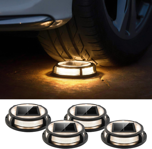 Lutec 4 Pack Solar Driveway Lights 12 Leds Ip67 Waterproof Outdoor Solar Dock Driveway Marker Lights For Step Sidewalk Pathway Patio Garden(Warm White)