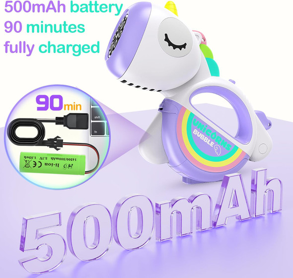 Rechargeable Bubble Machine For Kids Portable 360°Leak Proof Auto Unicorn Bubble Machine Gun For Toddlers 1-3 Parties With Lights Music Bubble Blower For Boys Girls 4 5 6 7 8 Pet Purple