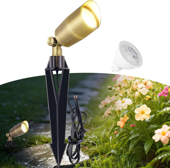 Low Voltage Brass Landscape Light Solid Outdoor Spotlight With Replaceable Mr16 Led Bulb 5W 2700K Warm White 12V 24V Landscape Lighting Waterproof Design For Garden Yard