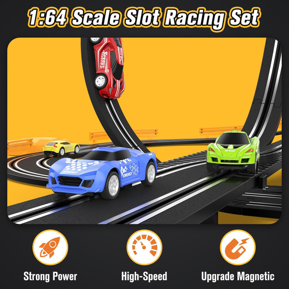 Slot-Car-Race-Track-Sets For Boys Kids Battery Or Electric Race Car Track With 4 High-Speed Slot Cars Dual Racing Game 2 Hand Controllers Circular Overpass Track Toys s For 6-8 8-12 Boys Girls