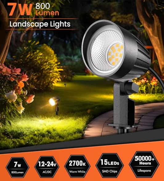 Meikee 7W 800Lm Low Voltage Landscape Lights 12V 24V Led Landscape Lighting With Connectors 2700K Ip66 Waterproof Outdoor Led Spotlights For Garden Pathway Yard Decoration (8 Pack)