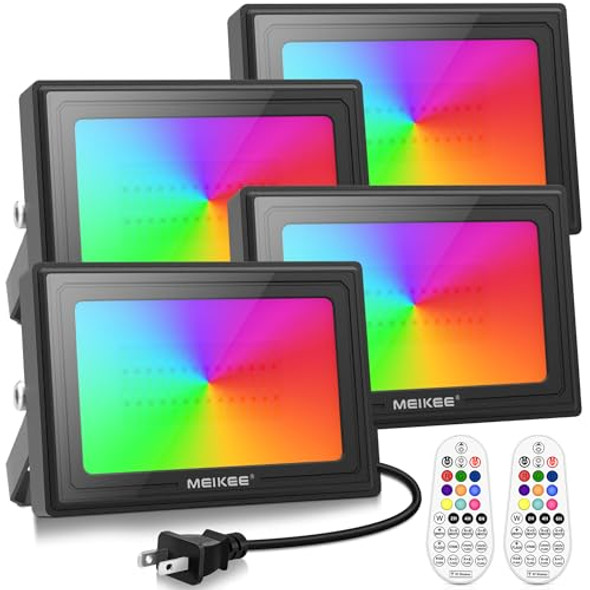Meikee 60W 6000Lm Rgbw Flood Lights 600W Equivalent Rgb Color Changing Led Floodlights 6500K White Light Outdoor Lighting With Timing Memory For Christmas Decoration 4 Packs