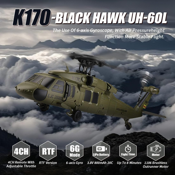 Wl K170 Rc Helicopter Model Bk Hawk Uh-60L 170 Size 4Ch Flybarless Helicopter With Adjustable Left And Right Hand Throttle (Rtf Version)