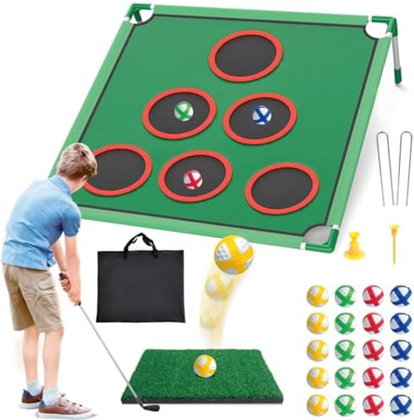 Golf Chipping Game Set - Backyard Cornhole Game Includes Putting Mat 20 Sticky Balls 6 Hole Covers Club Carrying Bag - Golf Target Yard Games For Golfers Indoor Outdoor For Dad