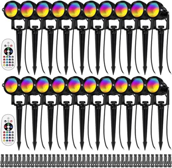 12W Rgb Color Changing Landscape Lights Low Voltage Led Landscape Lighting Remote Control Spotlight Waterproof Garden Pathway Christmas Decorative Lights Outdoor 20 Pack With Connector