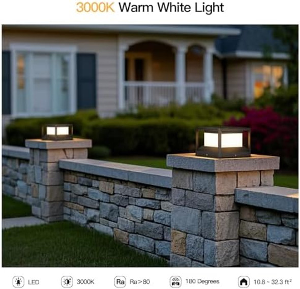 Solar Post Light Outdoor 9.1" Modern Pillar Lamp Waterproof Aluminum Column Led Lantern Fence Deck Cap Lights Dusk To Dawn 3000K Landscape Lighting For Patio Driveway Pathway Garden Entrance