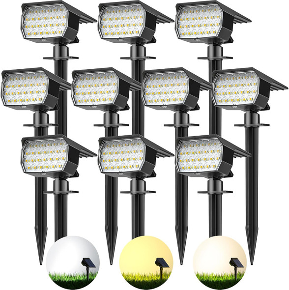 3 Colors Solar Lights Outdoor Waterproof Ip65 Outdoor Spot Lights For Yard 52 Leds 600Lm Solar Powered Landscape Spotlights Solar Security Wall Lights For Garden Pathway Outside- 10 Pack