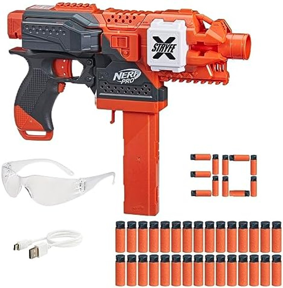 Nerf Pro Stryfe X Dart Semi-Auto Blaster Rechargeable Lipo Battery 30 Accustrike Half-Length Darts 15-Dart Magazine 150 Fps Eyewear 14+ ( Exclusive)