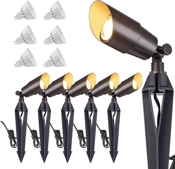 Brass Landscape Spotlights: Solid Brass Landscape Lights Waterproof 12V Low Voltage Spot Lights With 5W Mr16 Led Bulb (Warm White) For Garden Patio Lawn & Yard 6-Pack