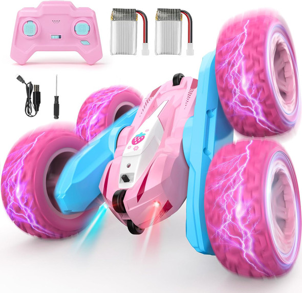 Remote Control Car Pink Rc Cars For Girls Rechargeable Rc Truck 2.4Ghz Double Sided 360° Rotating Stunt Car Toy With Headlights Birthday For Kids Age 3+