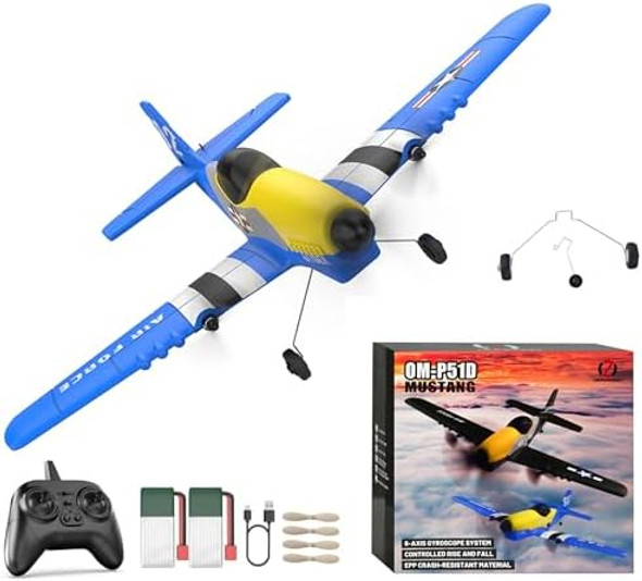 Rc Plane 3-Channel 2.4Ghz Rc Airplane P51 Mustang Fighter With 2 Batteries 6 Gyroscopes Stabilization System Easy To Fly Suitable For Beginners Kids Adults Blue