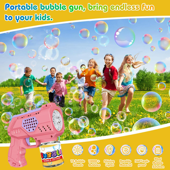 Bubble Gun Bubble Machine 10 Holes For Kids Toddlers 10000+ Bubbles Per Minute With Lights/Bubble Solution Summer Bubble Blower Toys Bubble Guns Blaster For Outdoor Party Wedding Green