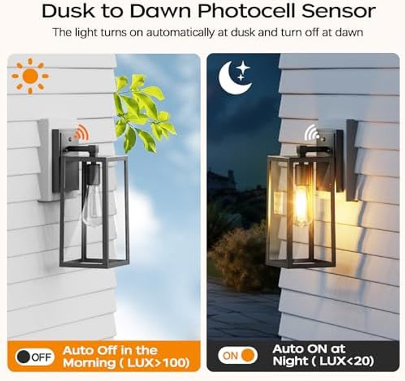 Partphoner Dusk To Dawn Outdoor Light Fixtures Wall Mount Sensor Porch Lights Anti-Rust Exterior Wall Sconce Lighting Lamp Waterproof Wall Lantern For Doorway Garage 2-Pack