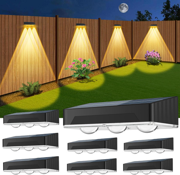 Solar Fence Lights Outdoor 8 Pack Waterproof High Brightness d 3 Led Lens Solor Deck Lights Warm & Cool White Rgb 10 Colors Outside Solar Powered Wall Light For Backyard Patio Step Railing