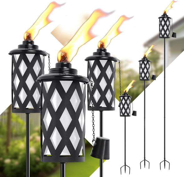 Citronella Torches For Outside Set Of 6 White 16 Oz Outdoor Garden Torches With 3-Prong Grounded Stake 59 Inch Metal Torch For Garden Décor Outside Torches For Backyard Garden Patio