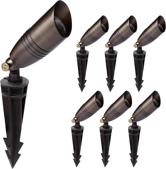 Solid Brass Low Voltage Landscape Spotlight Directional Spot Up Light In Antique Brass Finish With Ground Spike And Waterproof Grease Cap Wire Connectors (1 Set)