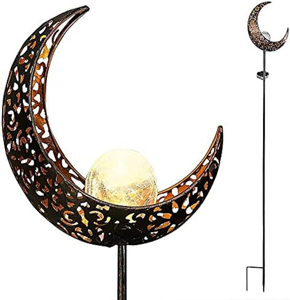 Starryfill Moon-Shaped Garden Solar Lights Outdoor Bronze Metal Waterproof Stake With Crackle Glass Globe Warm White Led For Pathway Lawn Patio Or Courtyard