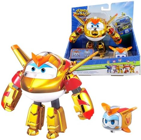 Super Wings 5" Transforming 2-Pack Supercharged Golden Boy & Super Pet With Light Effect Season 7 Airplane To Robot Transformable Toys Preschool Birthday s For Kids 3+