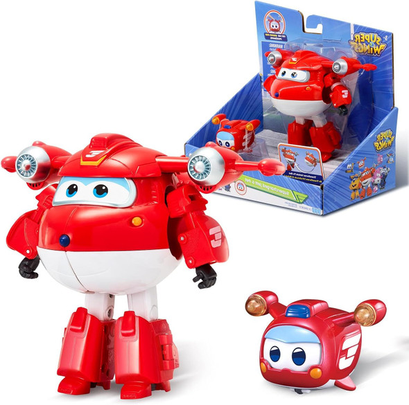 Super Wings - 5" Transforming 2-Pack Supercharged Jett & Super Pet Jett Airplane Toys From Season 5 Airplane To Robot Preschool Birthday s For 3 4 5 Year Old Kids With Light Effect