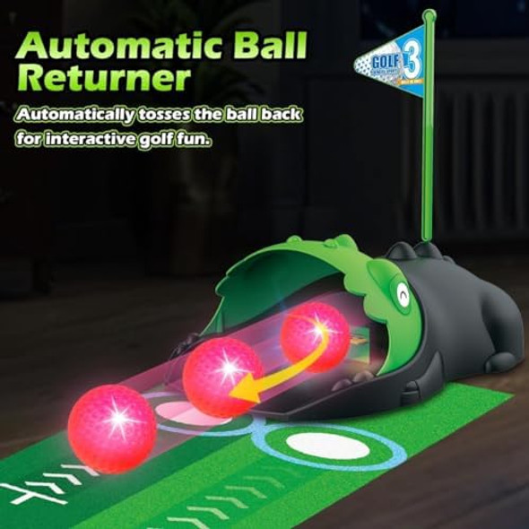 d Kids Toy Golf Set With Dinosaur Automatic Golf Returner Led Light Up Night Golf Balls 3 Clubs Putting Mat 3-8 Toddler Mini Golf Games Indoor Outdoor Sports Toys For Boys Girls