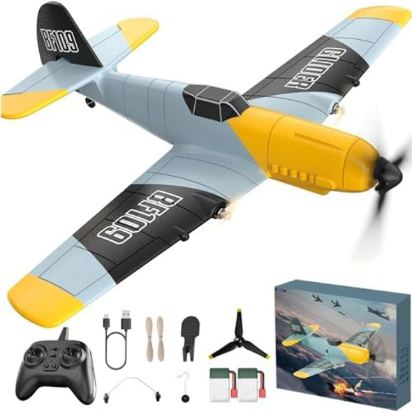 Rc Plane 3 Channel Remote Control Airplane 6-Axis Gyro Stabilizer Bf-109 Rtf Rc Airplane With 2 Batteries Easy To Fly For Beginners Adults And Kids