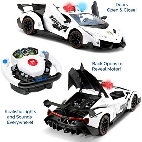 Remote Control Police Car 4D Motion Gravity And Steering Wheel Control 1:12 Scale 2.4Ghz With Lights Sirens Powered Doors (Tr-911)