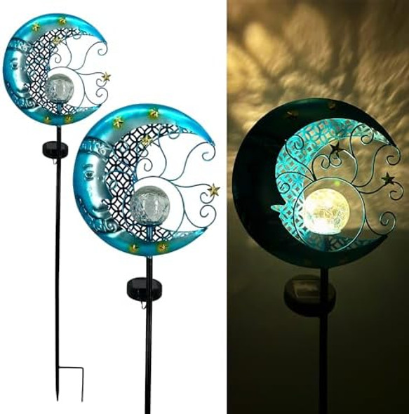 Solar Garden Lights Outdoor Waterproof Pathway Lights Moon Lantern With Crackle Glass Glass Globe Led Warm Light For WalkwayBackyardPatioLawnPathway Decoration（Blue）