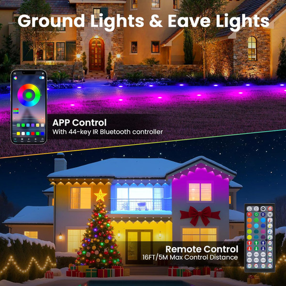 Outdoor Music Sync Led Lights - Color Changing String Lights With Bluetooth Control Ip67 Waterproof Outdoor Led Strip Lights For Ground & Eaves Mobile App Controlled Rgbcct Landscape 200Ft Lighting