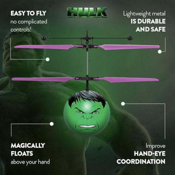 World Tech Toys Marvel Hulk Flying Heli Ball - Motion Sensing Helicopter - Official Marvel Licensed Product - For Kids Ages 6 7 8 9 10 11 12