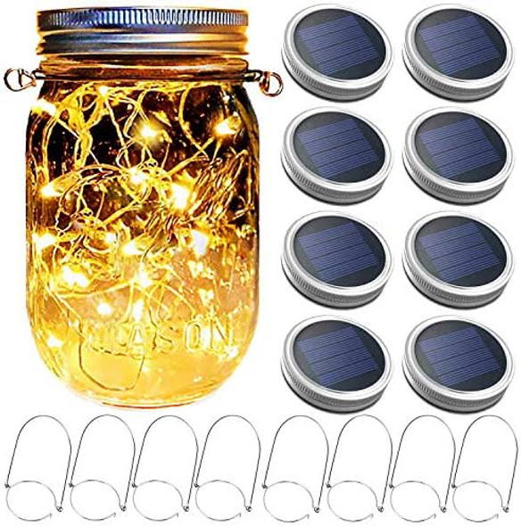 Mason Jar Solar Lantern Lights 8 Pack 30 Led Bulbs Fairy Star Firefly Solar Lids Jar Lights8 Hangers Included(No Jars)For Patio Garden Mason Jar Lanterns Table Wedding Decorations Lights