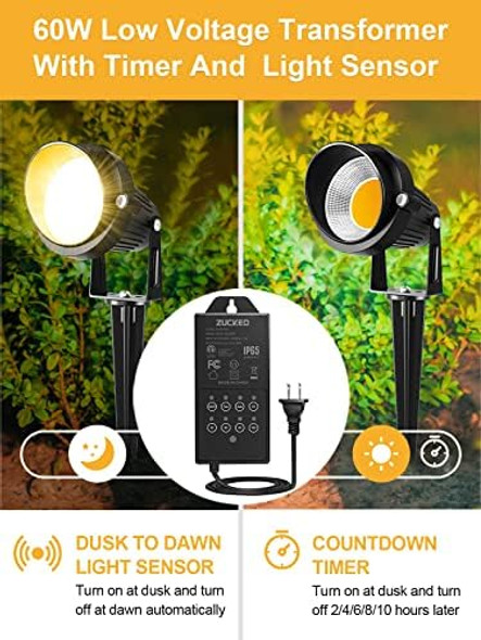 Zuckeo 5W Led Low Voltage Landscape Lights With Timer Transformer 12V 24V Outdoor Landscape Lighting Kit With Connector Waterproof Warm White Spotlights For Garden Pathway Wall Tree Floor (12Pack)