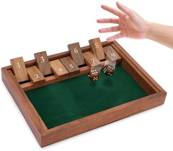 Ajuny Shut The Box Game (1-2 Players) – Wooden Dice Math Game With 9 Flip Tiles Educational Board Game For Kids & Adults Tabletop Family Travel Fun - 11 Inch