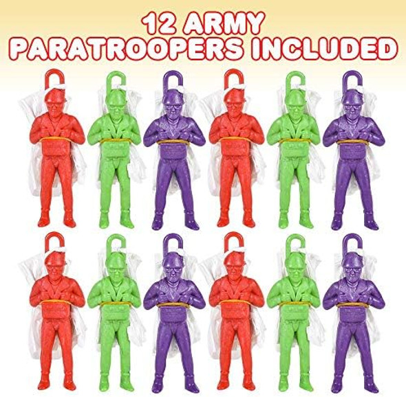 Artcreativity Mini Paratroopers With Parachutes, Pack Of 12, Vinyl Parachute Men Toy In Assorted Colors, Durable Plastic Army Guys Playset, Fun Parachute Party Favors For Boys And Girls