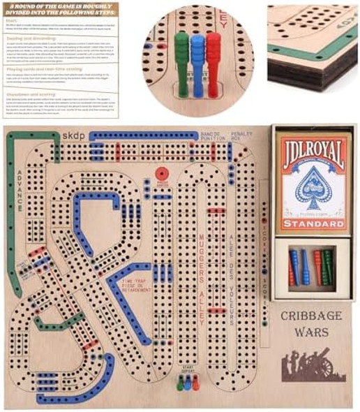 Asaint Cribbage Wars Board Game, Wooden Cribbage Board Game Set Traps Games Classic Night Bar Games For Families